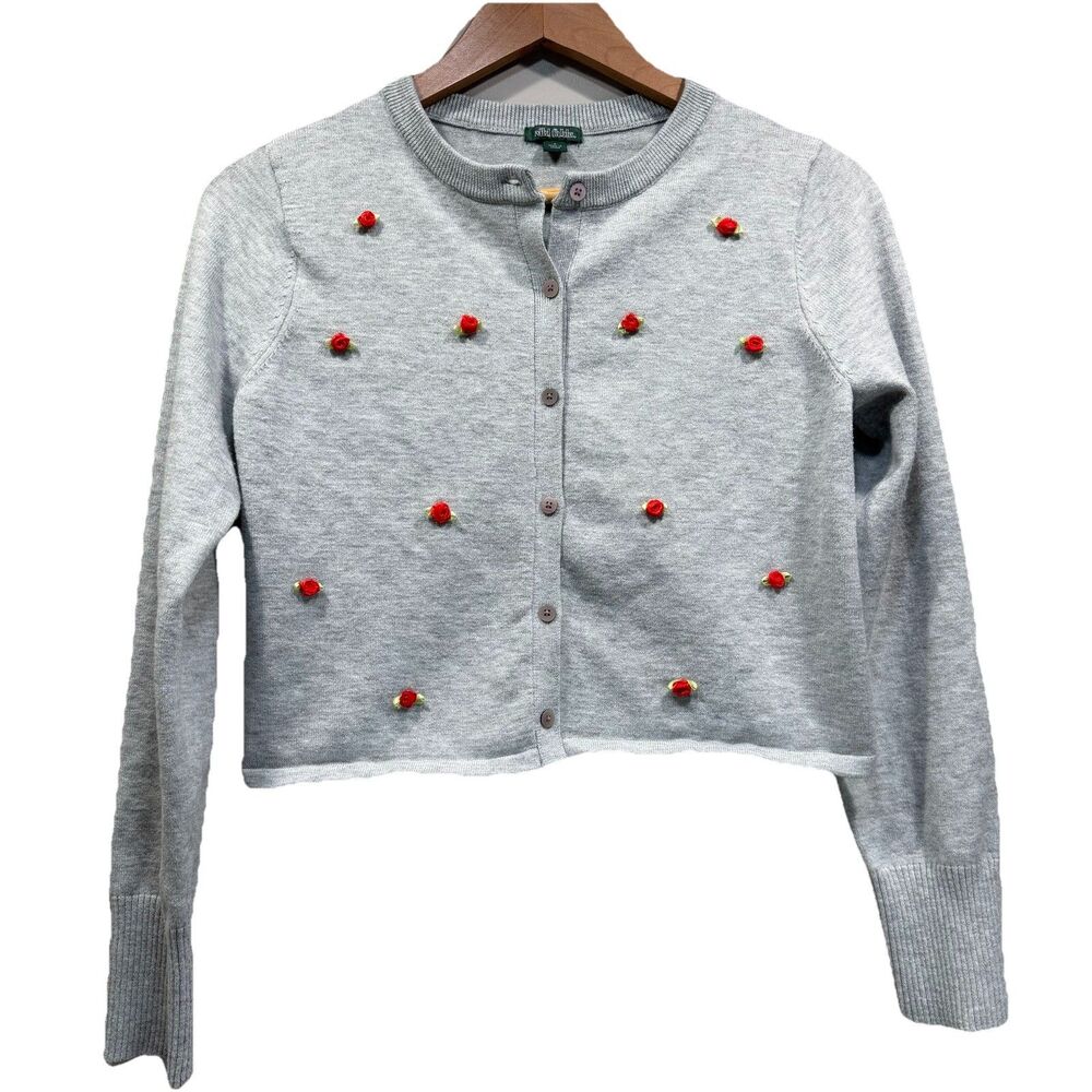 WILD FABLE Women's Size S Cropped Rose Applique Accent Cardigan Gray
